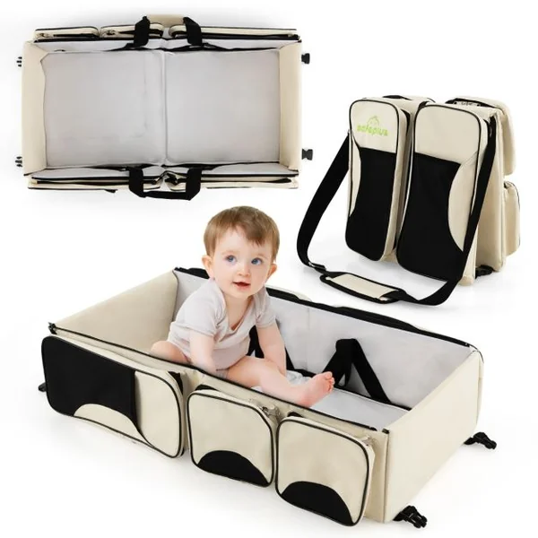 Sac à Langer Bébé 3 en 1 avec Lit Bébé Matelas à Langer Sac à Dos Couches de Voyage avec 5 Compartiments pour Parents Neige