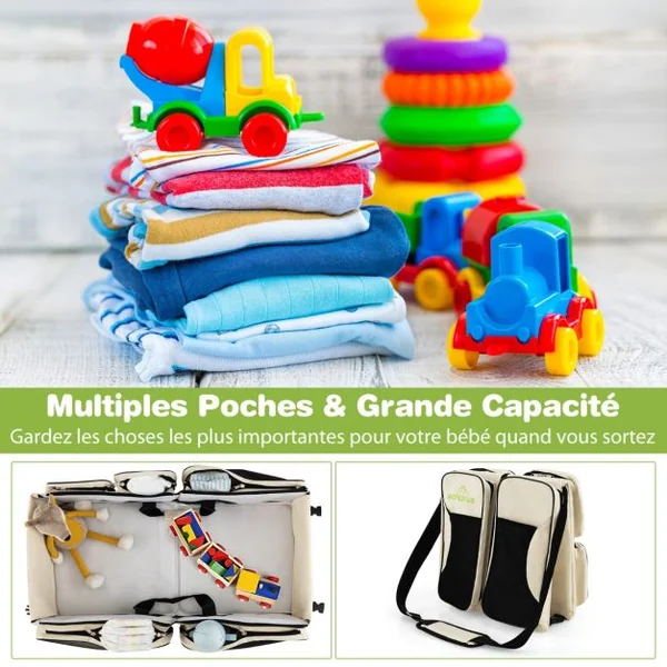 Sac à Langer Bébé 3 en 1 avec Lit Bébé Matelas à Langer Sac à Dos Couches de Voyage avec 5 Compartiments pour Parents Neige