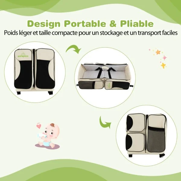 Sac à Langer Bébé 3 en 1 avec Lit Bébé Matelas à Langer Sac à Dos Couches de Voyage avec 5 Compartiments pour Parents Neige