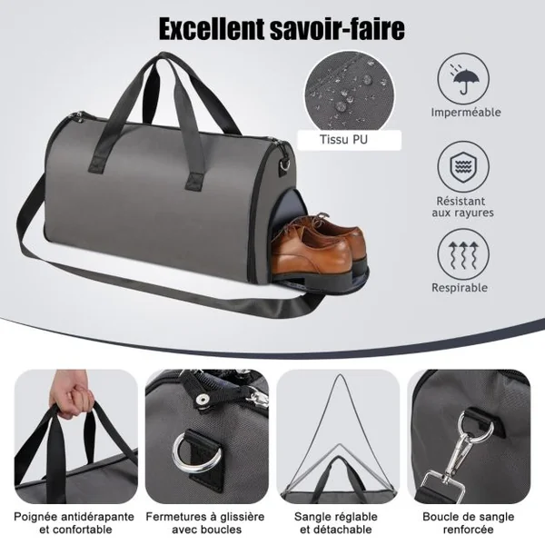 Sac à Vêtements de Cabine Sac De Sport Convertible 2 en 1 avec Poche à Chaussures Bandoulière Réglable et Amovible 50L Gris