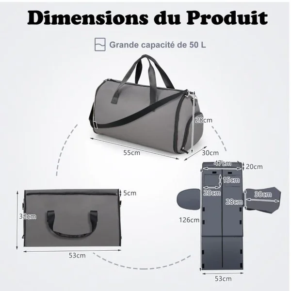 Sac à Vêtements de Cabine Sac De Sport Convertible 2 en 1 avec Poche à Chaussures Bandoulière Réglable et Amovible 50L Gris