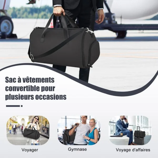 Sac à Vêtements de Cabine Sac De Sport Convertible 2 en 1 avec Poche à Chaussures Bandoulière Réglable et Amovible 50L Noir