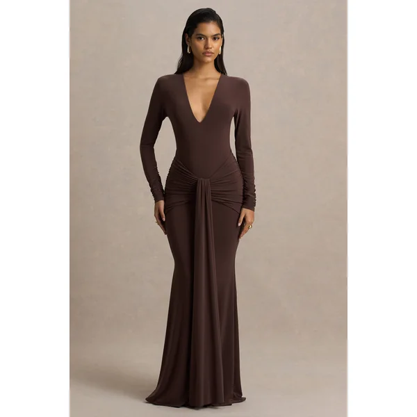 Saffie | Robe longue chocolat portefeuille à décolleté plongeant extrême manches longues et détails froncés