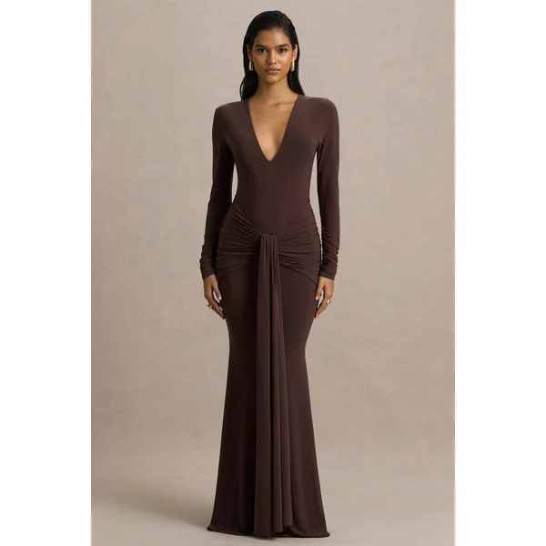 Saffie | Robe longue chocolat portefeuille à décolleté plongeant extrême manches longues et détails froncés