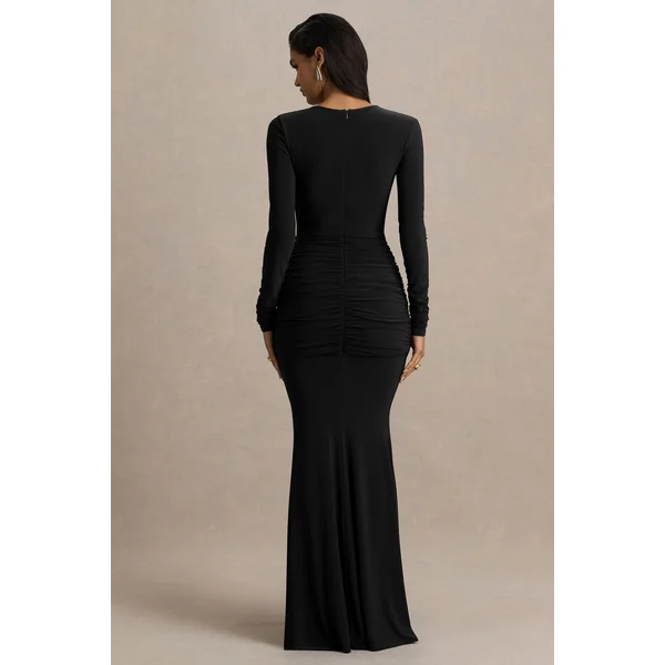 Saffie | Robe longue noire portefeuille à décolleté plongeant extrême avec manches longues et détails froncés