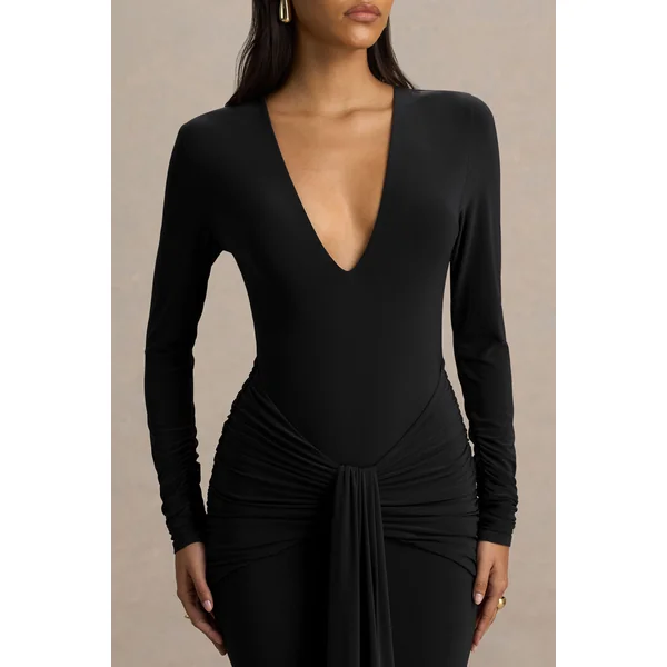 Saffie | Robe longue noire portefeuille à décolleté plongeant extrême avec manches longues et détails froncés