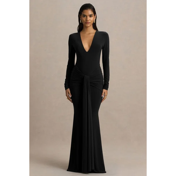 Saffie | Robe longue noire portefeuille à décolleté plongeant extrême avec manches longues et détails froncés