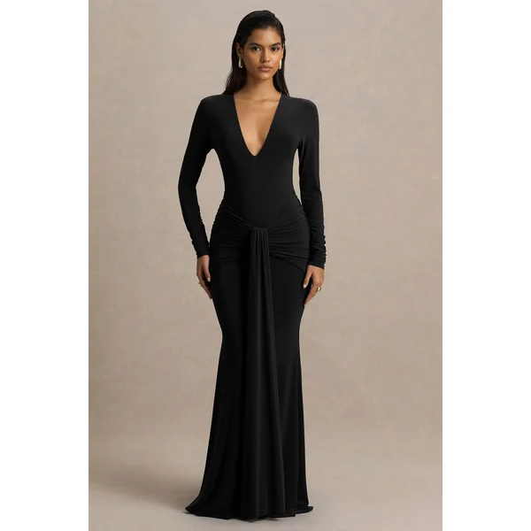 Saffie | Robe longue noire portefeuille à décolleté plongeant extrême avec manches longues et détails froncés