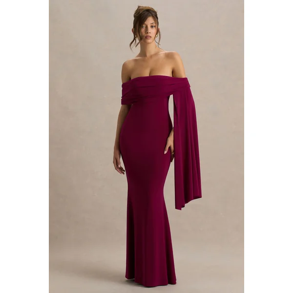 Saffina | Robe longue bordeaux à décolleté bardot avec ceinture fluide