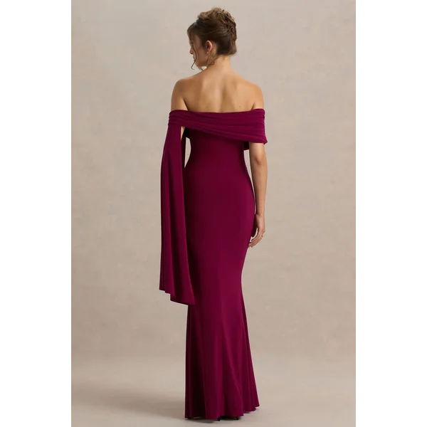 Saffina | Robe longue bordeaux à décolleté bardot avec ceinture fluide