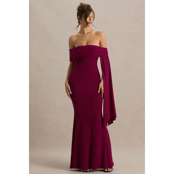 Saffina | Robe longue bordeaux à décolleté bardot avec ceinture fluide