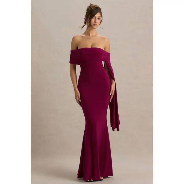 Saffina | Robe longue bordeaux à décolleté bardot avec ceinture fluide