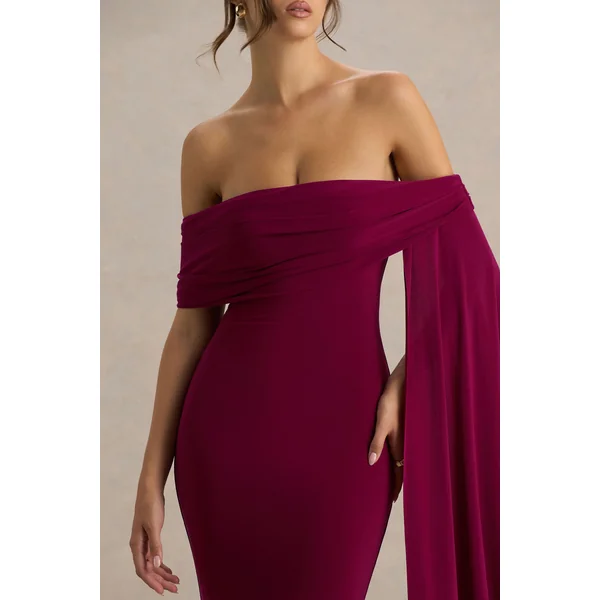 Saffina | Robe longue bordeaux à décolleté bardot avec ceinture fluide