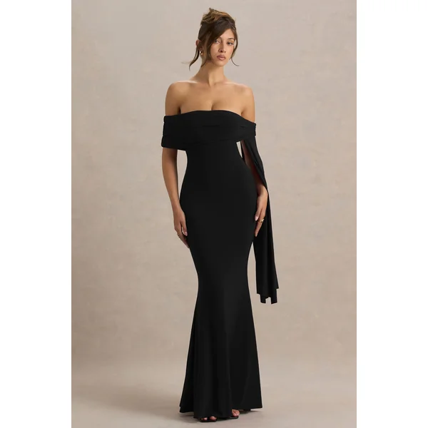 Saffina | Robe longue noire à décolleté bardot avec ceinture fluide