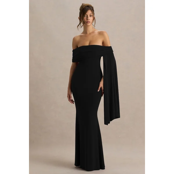 Saffina | Robe longue noire à décolleté bardot avec ceinture fluide