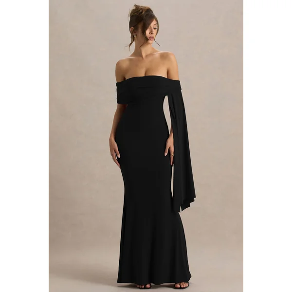 Saffina | Robe longue noire à décolleté bardot avec ceinture fluide