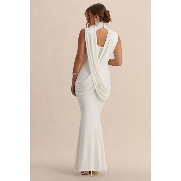 Saffira | Robe longue de maternité blanche à encolure haute avec détails drapés