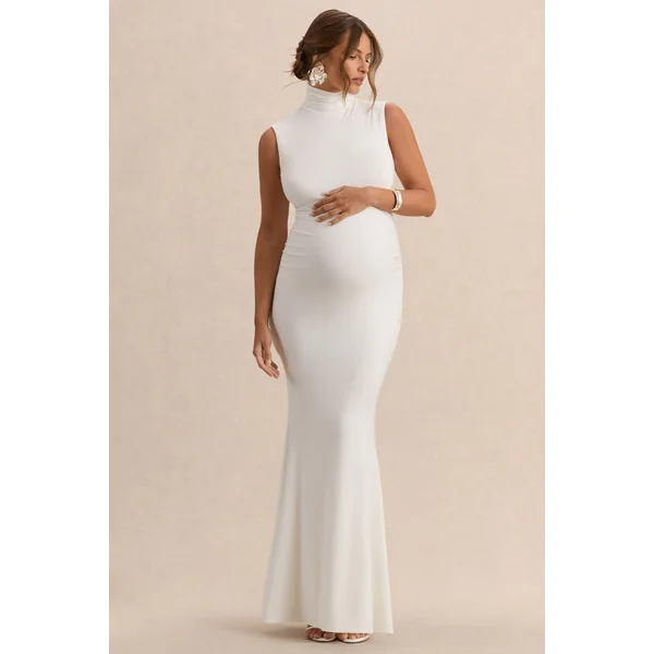 Saffira | Robe longue de maternité blanche à encolure haute avec détails drapés