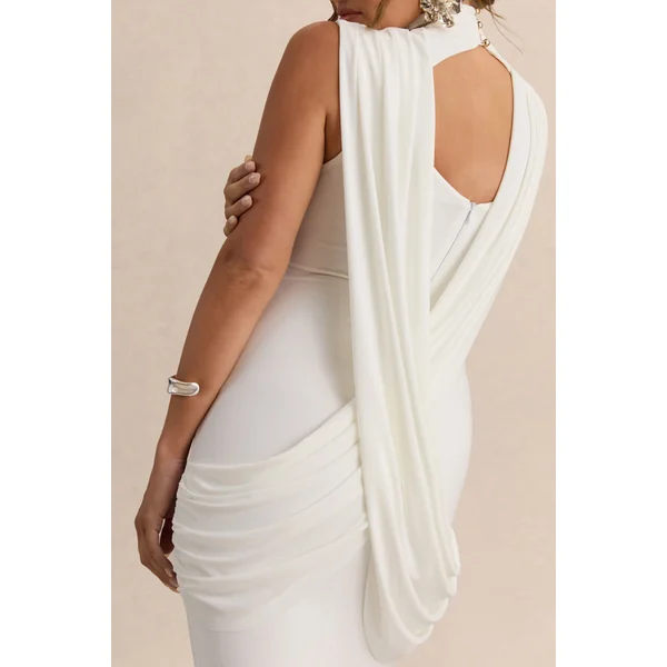 Saffira | Robe longue de maternité blanche à encolure haute avec détails drapés