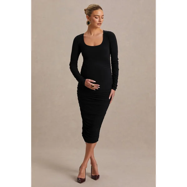 Saffron | Robe de maternité mi-longue noire à décolleté arrondi