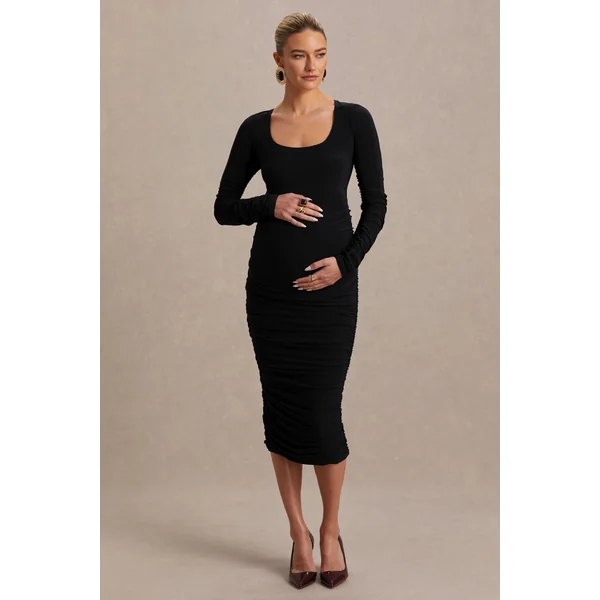 Saffron | Robe de maternité mi-longue noire à décolleté arrondi