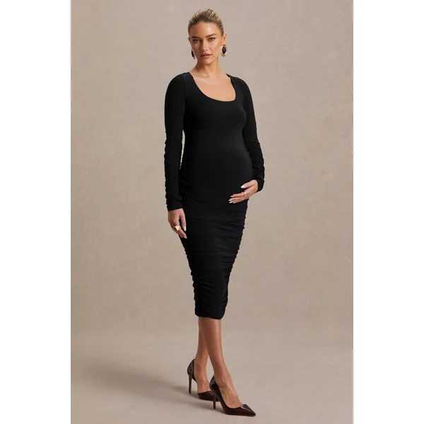 Saffron | Robe de maternité mi-longue noire à décolleté arrondi