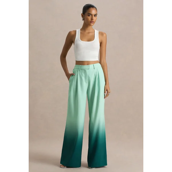 Safia | Pantalon Large en Satin Dégradé Émeraude