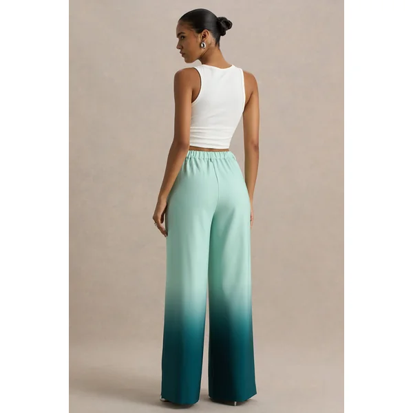 Safia | Pantalon Large en Satin Dégradé Émeraude