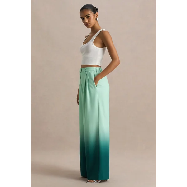 Safia | Pantalon Large en Satin Dégradé Émeraude