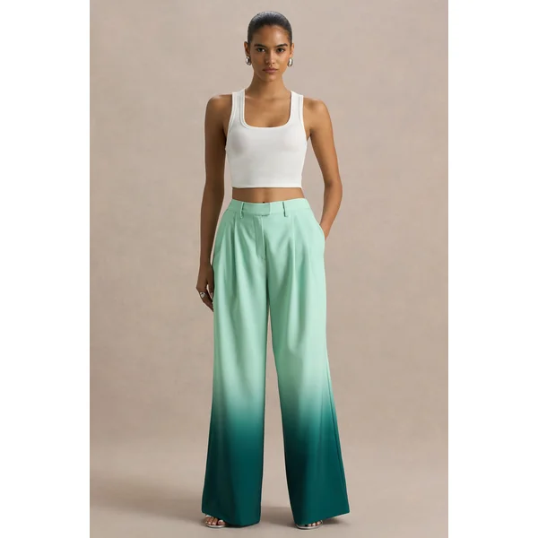 Safia | Pantalon Large en Satin Dégradé Émeraude