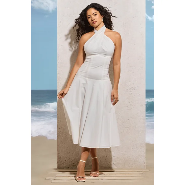 Saint-Malo | Robe mi-longue blanche à encolure haute