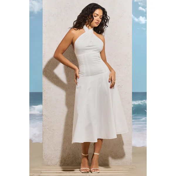 Saint-Malo | Robe mi-longue blanche à encolure haute