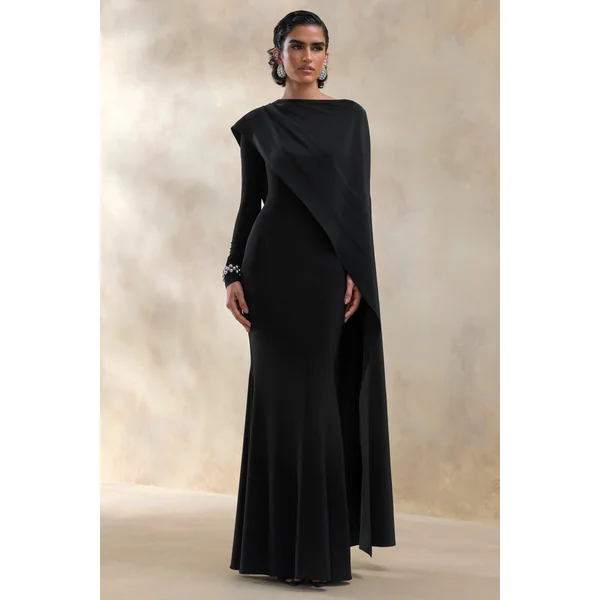 Salenne | Robe longue noire à encolure large avec cape asymétrique en satin