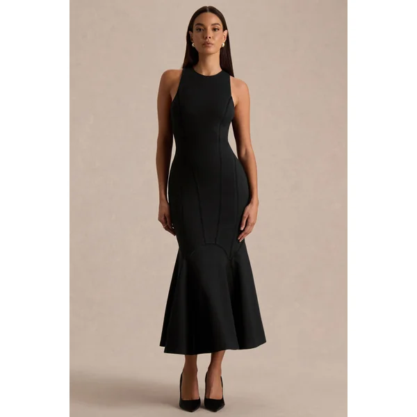 Sally | Robe mi-longue noire à col rond et taille basse