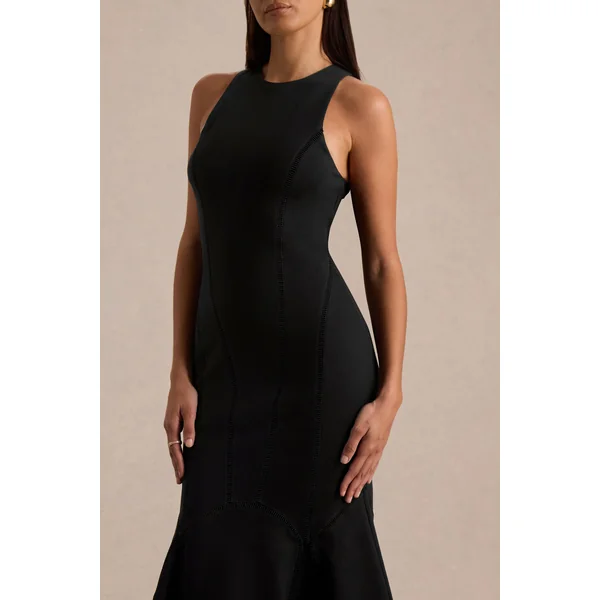 Sally | Robe mi-longue noire à col rond et taille basse