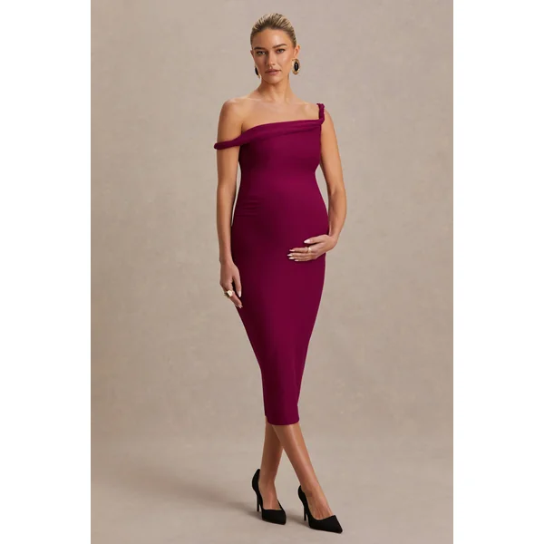 Salome | Robe de maternité mi-longue bordeaux à encolure asymétrique et détail torsadé