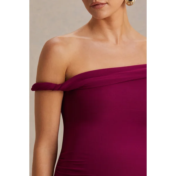 Salome | Robe de maternité mi-longue bordeaux à encolure asymétrique et détail torsadé