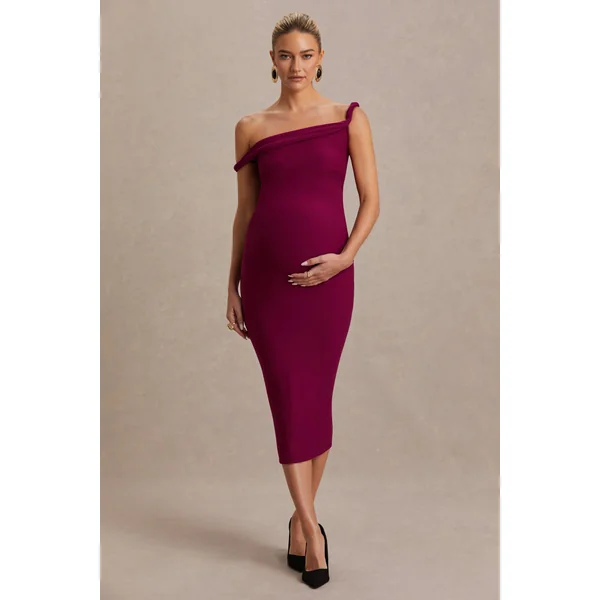 Salome | Robe de maternité mi-longue bordeaux à encolure asymétrique et détail torsadé
