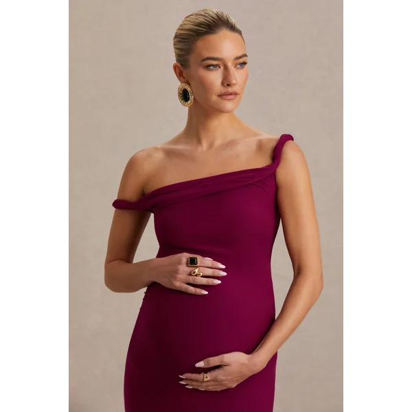 Salome | Robe de maternité mi-longue bordeaux à encolure asymétrique et détail torsadé