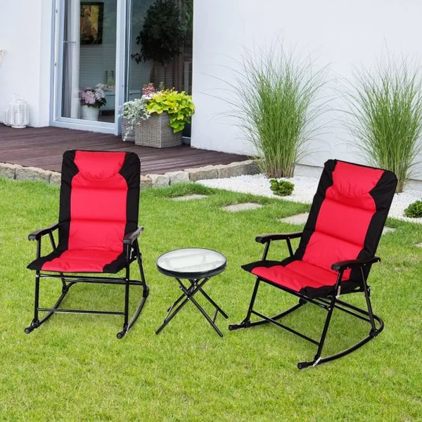 Salon de Jardin 2 Personnes Ensemble de Jardin 3 PCS avec 2 Chaises Rembourrés à Bascule et Table en Verre Pliables Bleu/Rouge