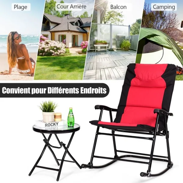 Salon de Jardin 2 Personnes Ensemble de Jardin 3 PCS avec 2 Chaises Rembourrés à Bascule et Table en Verre Pliables Bleu/Rouge