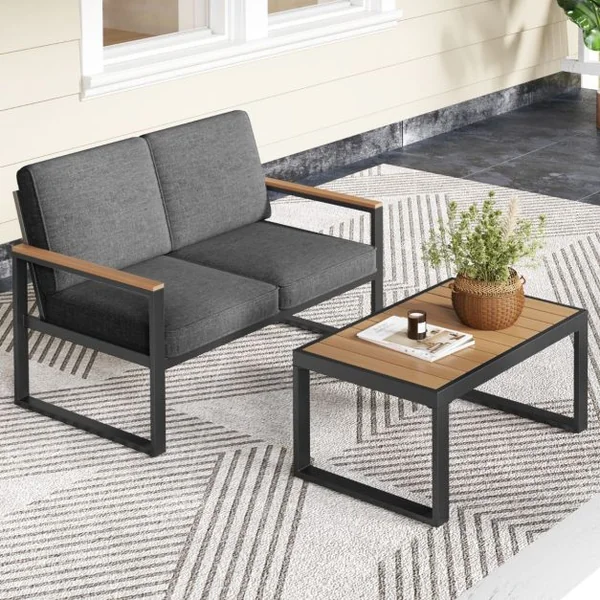Salon de Jardin 2 Pièces avec Table Basse Causeuse Ensemble de Meubles d'Extérieur en Aluminium avec Accoudoirs Gris