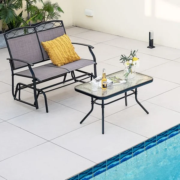 Salon de Jardin 2 Pièces avec Table Basse en Verre Trempé Causeuse à Bascule Charge 360KG Ensemble de Mobilier de Terrasse 2 Places Marron