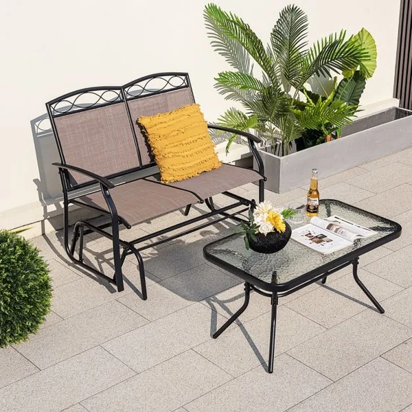 Salon de Jardin 2 Pièces avec Table Basse en Verre Trempé Causeuse à Bascule Charge 360KG Ensemble de Mobilier de Terrasse 2 Places Marron
