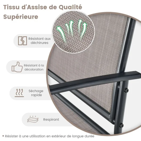 Salon de Jardin 2 Pièces avec Table Basse en Verre Trempé Causeuse à Bascule Charge 360KG Ensemble de Mobilier de Terrasse 2 Places Marron