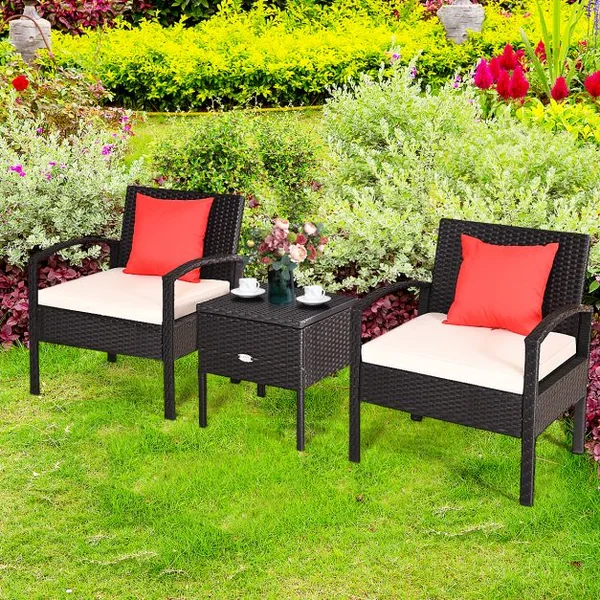Salon de Jardin - 3 Pièces 2 Coussins, Rotin PE - 2 Fauteuils et Table Basse avec Espace de Rangement Discret Marron+Beige