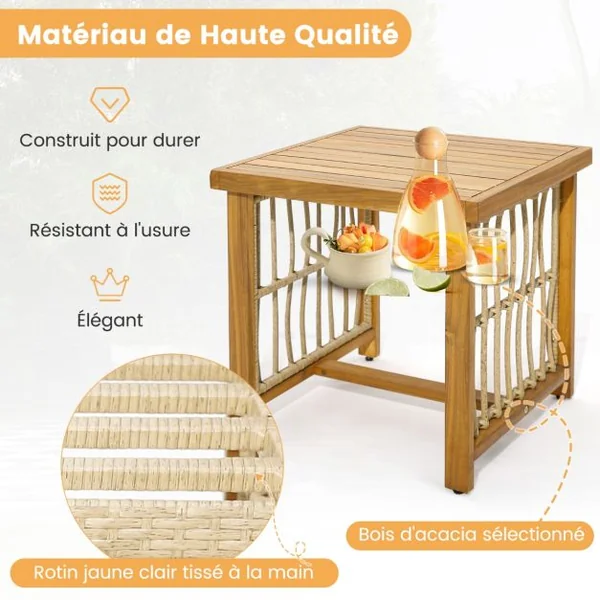 Salon de Jardin avec 1 Table et 2 Fauteuils en Bois d'Acacia et Rotin Anti-UV Pieds Réglables Coussins avec Zip Nautel