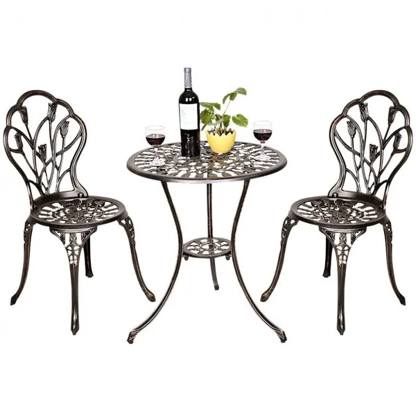 Salon de jardin avec 1 table ronde et 2 chaises en fonte d’aluminium Style rétro avec motif tulipe avec trou de parasol