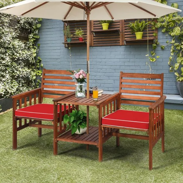 Salon de Jardin en Bois d’Acacia 2 Personnes Charge 160KG Ensemble de Meubles avec Table Basse 2 Chaises et Coussin Trou de Parasol de 5CM Blanc/Rouge