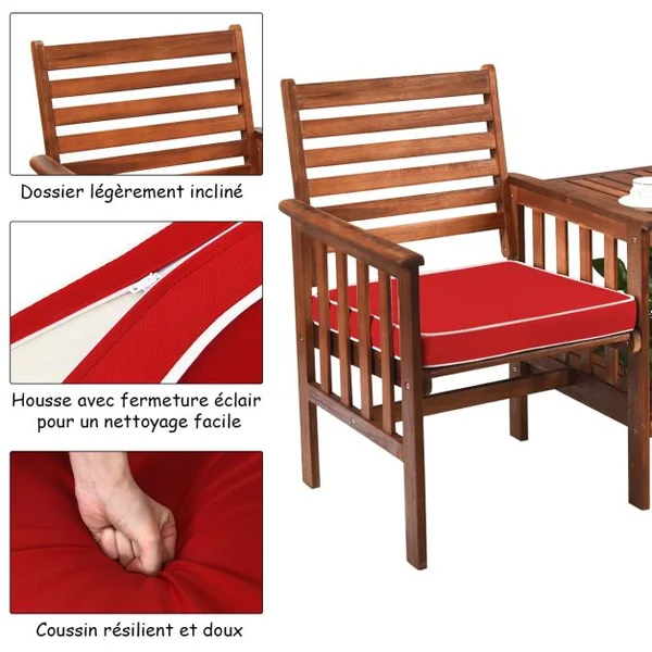 Salon de Jardin en Bois d’Acacia 2 Personnes Charge 160KG Ensemble de Meubles avec Table Basse 2 Chaises et Coussin Trou de Parasol de 5CM Blanc/Rouge